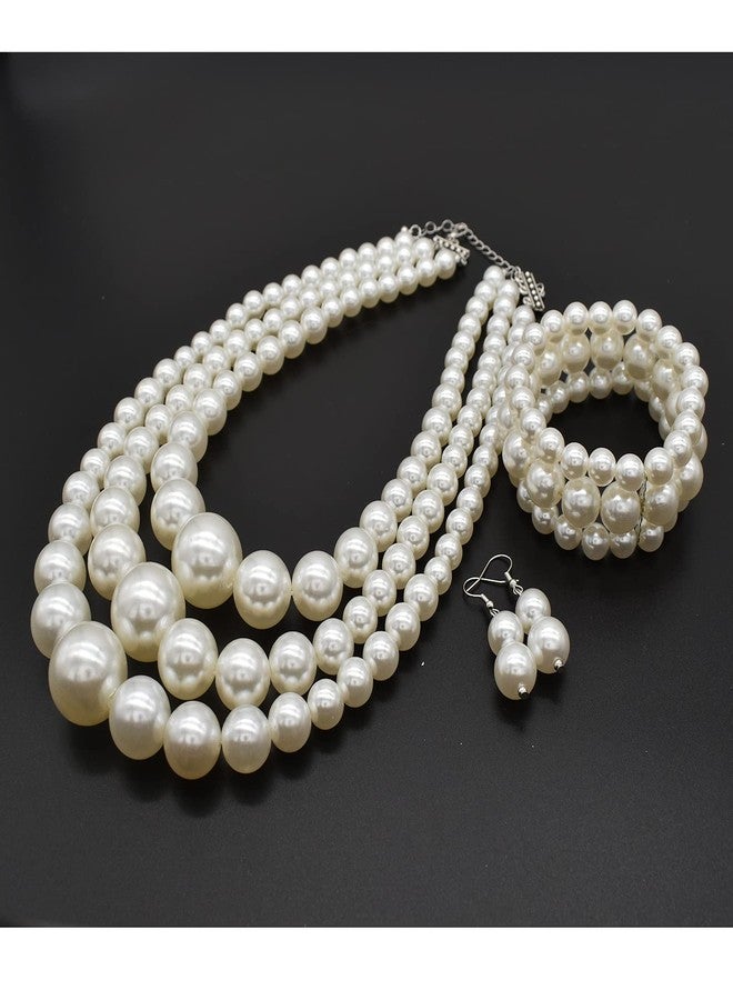 CIOOU A-White Chunky Faux Pearl Necklace and Earring Set - Large Costume Jewelry for Women - 1920s Gatsby Accessories - Image 5